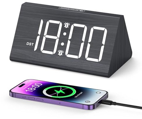 OQIMAX Digitaler Wecker in Holz-Optik, 7 Farben-Nachtlicht Kinderwecker mit Großer LED-Anzeige, Dual-Alarm, Snooze, 5 Helligkeit & 3 Lautstärke, Ladestation, DST, 12/24 std, L 15,9 B 9,8 H 8 cm