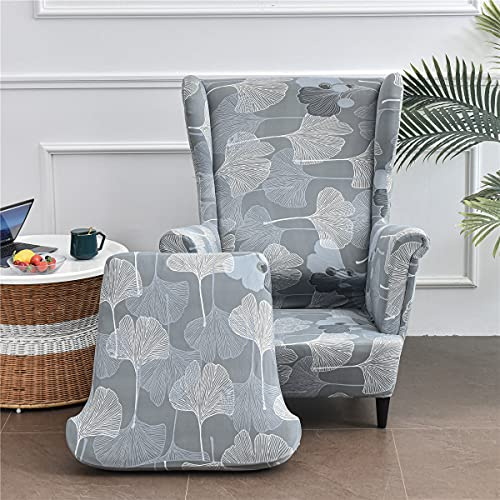 WJHDWYD 2 Pieces Stretch Wingback Chair Slipcover, 1 Seater Sofa Cover with Cushion Cover, Washable Removable for Bar Living Room Bedroom Reception(Ginkgo Biloba)