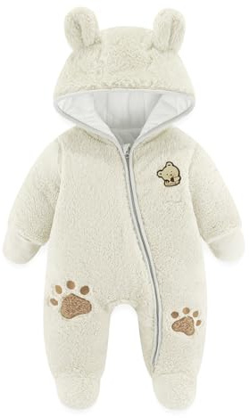 JiAmy Baby Schneeanzüge Winter Overall mit Kapuze Fleece Strampler Mädchen Jungen Warm Outfits- Gr. 3-6 Monate (66 cm), Weiß