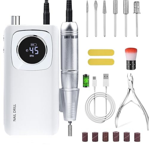 LJEC Nail Drill 45000 RPM, Rechargeable Professional Nail Drill Machine,Portable Electric Nail File for Acrylic and Gel Nails, Cordless E File Manicure Pedicure Kit for Home Salon, White