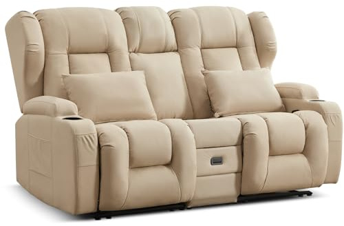 TCGBKAF Kinosessel 2-Sitzer manuell,Relaxsessel mit Liegefunktion & Getränkehalter,Doppel-Fernsehsessel Relaxsofa verstellbar mit Klappkonsole,Heimkino Sofa Zweisitzer Stoff für Wohnzimmer,Beige