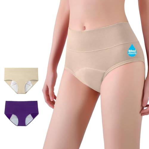 HMYD Womens Incontinence Underwear Ladies Leakproof Protective Period Pants Menstrual Knickers Urine Postpartum Recovery Washable Reusable Cotton Briefs(Purple/Beige) (XXL)
