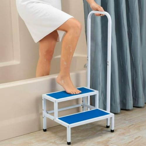 Double Step Stool with Safety Handrail, Anti Slip 2 Step Bath Step, Heavy Duty Metal, Non-Slip Feet, 330 lb Capacity, for Bathroom, Kitchen, Seniors
