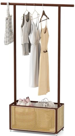 COSTWAY Garderobenständer mit PE-Rattan Aufbewahrungskorb & Rollen, Kleiderständer Bambus, 2-in-1-Kleiderhängestange Garderobenhalter braun für Flur & Schlafzimmer (Braun)