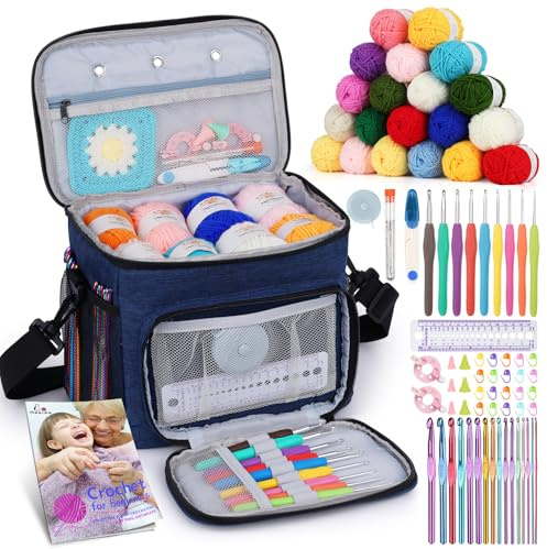 Aeelike Komplettes Anfänger-Set, 87-teilig, Häkelset für Anfänger und Erwachsene, marineblaue tragbare Garntasche, 23 Häkelnadeln, Garn 20 Farbknäuel, Anleitung und Häkelzubehör
