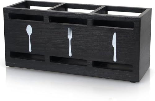 GIOTUK Wooden Silverware Caddy – 3 Compartment Flatware Cutlery Holder, Black Wood Utensil Organizer for Kitchen Countertop, Buffet, BBQ, Camping & Parties – Spoon Fork Knife Storage Box