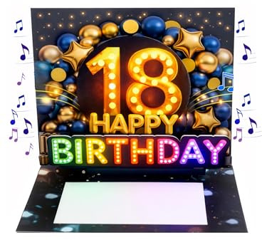 Joli Coon Biglietto auguri 18 anni ragazzo – Biglietto auguri compleanno 18 anni con musica e luce pop up 3D con effetto luminoso, busta e adesivo sigillo – 20 × 15 cm