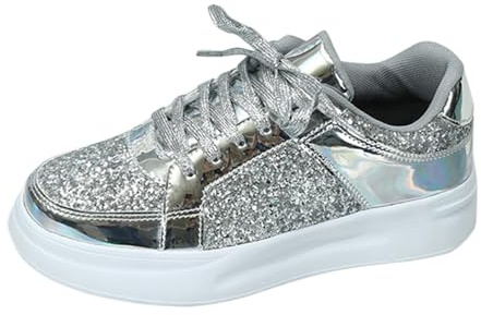 Baskets argentées pour femme - Chaussures à paillettes argentées dorées antidérapantes - Respirantes et légères - Chaussures de gymnastique confortables - Baskets de danse avec carnaval - Chaussures