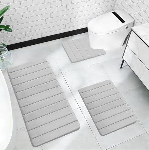 Badezimmerteppich Set 3 Teilig, Weiche Memory-Schaum Badematte und U Förmige wc Vorleger, Badeteppiche Badteppich Rutschfest & Saugfähig, Waschbar Badvorleger Set für Dusche, WC & Badewanne, Hellgrau