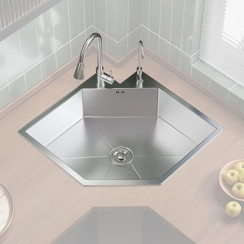 Fregadero Esquina de Cocina de Acero Inoxidable, de Una Sola Cubeta, de Encastre o Sobre Encimera, Fregadero Cocina para el Hogar, Apartamento o Negocio(Silver,60x60cm/24x24in)
