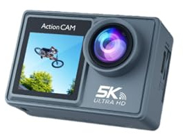 Lazmin112 5K WiFi Action Camera, Ultra HD Dual Screen, 170° Wide Angle, 6-Axis Stabilization, 50MP Photo, 1.4 Inch Rear Display, 2.0 Inch Touch Front Screen, with Wireless Microphone