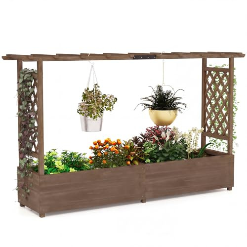COSTWAY Jardinière Surélevée avec 2 Treillis Latéraux (Marron) | Bac à Plantes Grimpantes avec Toit Suspendu en Bois de Sapin, Trou de Drainage, Résistance aux Intempéries, 200 x 44 x 114 cm