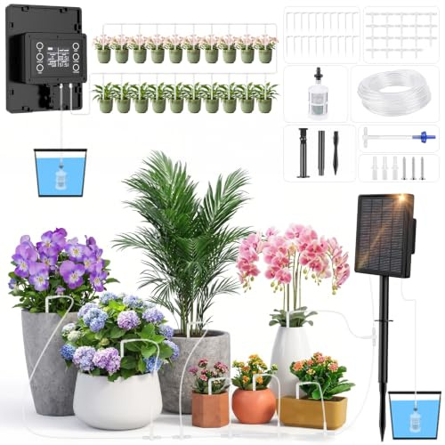 Arrosage Goutte à Goutte Énergie Solaire, 2000mAh Système D'irrigation Solaire, Automatique pour 20 Plantes en Pot avec 15M Tuyau Arrosage, Programmateur Arrosage Automatique pour Vacances Balcon