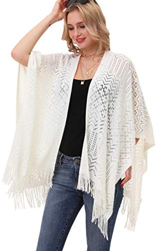 Knit Shawl Wrap for Women - Soul Young Ladies Fringe Knitted Poncho Blanket Cardigan Cape(One Size,Cream White)