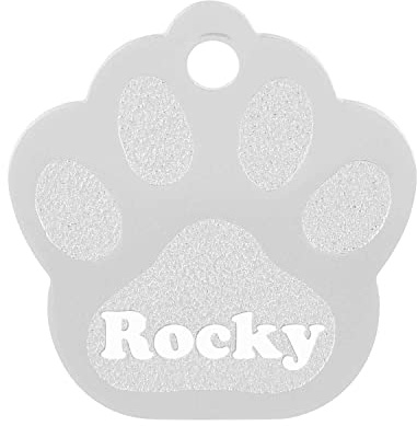 GRAVURZEILE Aluminium Hundemarke mit Gravur - Großes Pfoten Motiv - Personalisiert mir Namen, Symbol & Telefonnummer - wählbare Farbe - für Hunde & Katzen - Größe 3,4 x 3,5 cm - Farbe: Silber