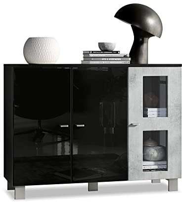 Vladon Sideboard Denjo, Made in Germany, Kommode mit 3 Türen, Schwarz matt/Schwarz Hochglanz/Beton Oxid-Optik (107 x 81 x 35 cm)