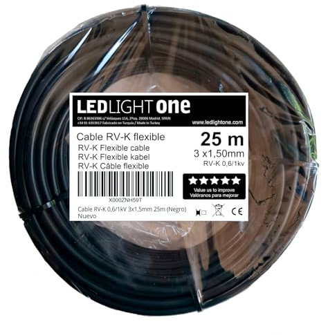 Led Light One Cable RV-K 0.6/1Kv 3x1,5mm 25m (Negro) Tensión de servicio:1000v Temperatura máxima de trabajo 90º. Cables para instalaciones interiores o exteriores, al aire, en tubo o enterrado.