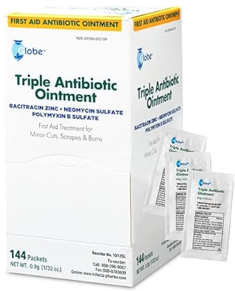 Globe (144 Pack) Triple Antibiotic Ointment 0.9g Single Packet, First Aid Kit for Minor Scratches, Wounds, Cuts and Burns, Prevents Infection Active Ingredients Compare to Leading Brand, Travel Size