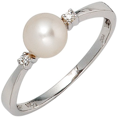 Jobo Damen-Ring aus 14 Karat 585 Weißgold mit Perle und 2 Diamanten Größe 60
