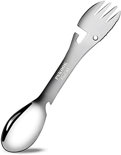 PSKOOK Spork Outdoor Löffel Gabel Messer Flasche Dosenöffner Camping Edelstahl Besteck Reisen Funktionelle Essen Multi-Tool Utensil (Poliertes Silber)
