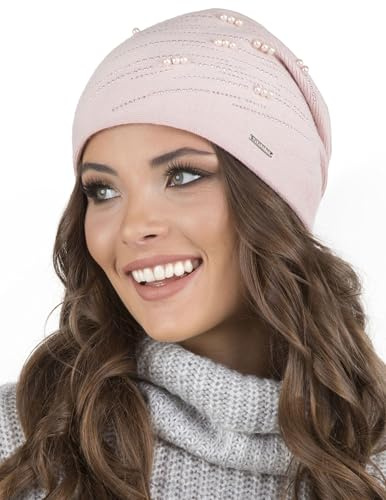 VIVISENCE Damen Mütze Strick Warm Fleece Zirkonia Perlen Elegant Winter 7012, Rosa,Einheitsgröße