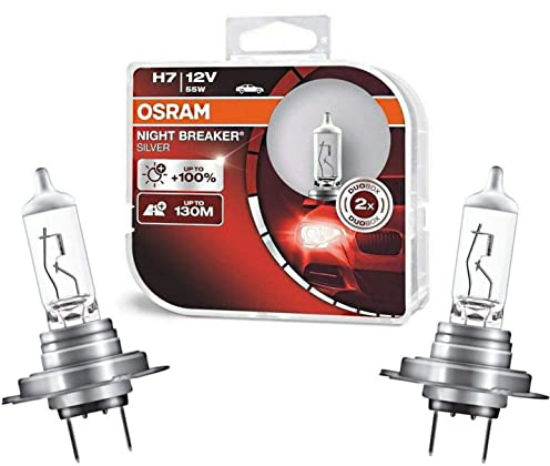 2x Osra.m H7 55W 12V Night Breaker Silver +100% 64210NBS-HCB hell Weiß Ersatz Halogen Birne für Scheinwerfer, Fernlicht, Abblendlicht, Nebelleuchte vorne - E-geprüft