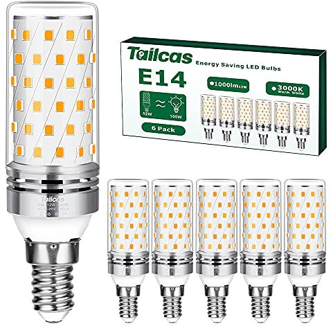 Tailcas Lampadine LED E14 12W, 6 pezzi Luce Bianca Calda 3000K, Equivalente 100W Lampada Alogena, 1000lm, Non Dimmerabile Nessun Sfarfallio Risparmio Energetico Lampadina E14,CA 220-240V