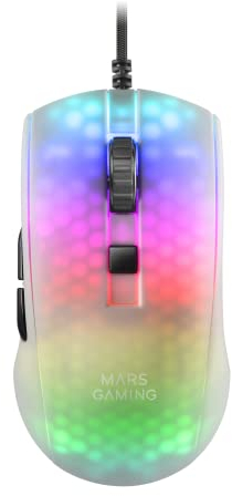 Mars Gaming MMR, Ratón Gaming RGB Chroma, Estructura Translúcida Ultra-Ligera 58 g, 12800 dpi, Switches Mecánicos HUANO, Blanco