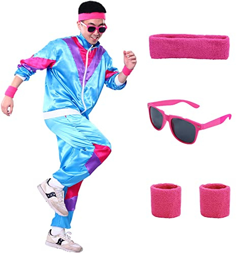 Alaiyaky 80er 90er Jahre Outfit Herren Damen, 80er Trainingsanzug mit Jacke Hose Schweißbänder Sonnenbrille, 90er 80er Jahre Kleidung Bad Taste Outfit für Karneval Halloween Paare