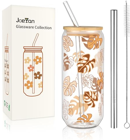 Joeyan 600ml Glass Drinking Cup with Straw and Lid,Bubble Tea Cup with Straws,Can Shaped Smoothie Ice Coffee Glasses with Leaves Pattern,Cute Cup Gift for Sister Friend Birthday Anniversary Valentine
