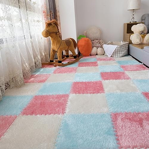 Helle Ineinandergreifende Teppich-Bodenmatte, 10 Stück Plüsch-Puzzle-Eva-Schaum-Bodenfliesen, Spielmatte, Farbkombination, 31x31x0,6 cm(Color:Blau+Rosa+Beige)