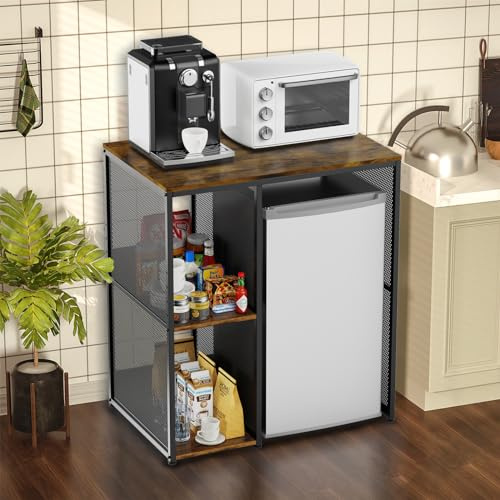 KirKical 3-Tier Mini Fridge Cabinet with Storage, Industrial Style Kitchen Microwave Stand & Baker Rack, Utility Shelf for Home/Dorm, Vintage Wood