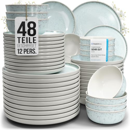 Steingut Geschirrset 12 Personen Ibiza 48 tlg. TESTSIEGER, Traumhaftes Mediterranes Steingut Geschirr Set, Schüssel- und Teller Set, Tafelservice 12 Personen, Geschirrsets Pure Living in Blau-Beige