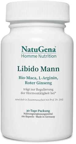 NatuGena Libido Mann/Bio-Maca/L-Arginin & Roter Ginseng/ausgewählte Plfanzenstoffe wie Bockshornklee und Tribulus ergänzt mit L-Arginin / 180 Kapseln HPMC Größe 00 (30-Tage-Packung)