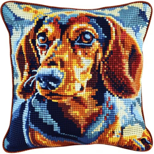 RKFLGEW DIY knüpfen set erwachsene Dackel Tier knüpfkissen set Cartoon-Hund Kissenbezug zum Selbermachen für Anfänger und Erwachsene，Geschenke für Familie，Freunde，Handarbeiten，Basteln，Hakense 43x43cm