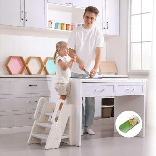 hoopyosms Tritthocker für Kinder, 2/3-Stufig Höhenverstellbar, Faltbarer Kinderschemel mit Handläufen, Anti-Rutsch, Ideal für Bad und Küche, Trittleiter für Kleinkinder (Grau)