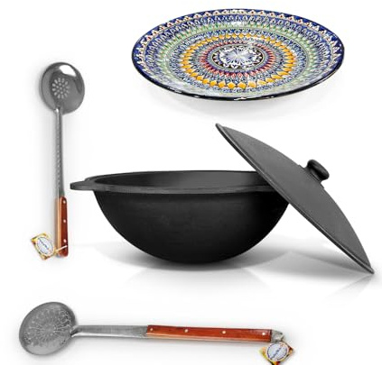 ZARENHOFF Set - Usbekischer Gusseisen Kasan 22 L runder Boden, Deckel aus Aluminiumguss Schaumlöffel 64 cm Schaumlöffel 48 cm Lagan 42 cm ляган Oven шумовка пикник печь шашлык азия (Set - 632)