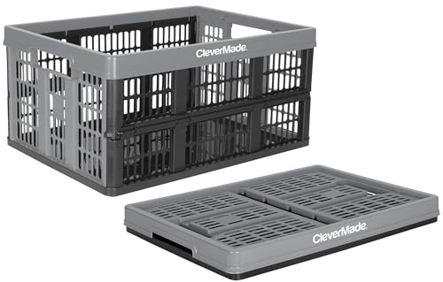 CleverMade Collapsible Utility Crate, Stone, 1PK - 32L (8 Gal) Collapsible Storage Bins, Holds 40lbs Per Bin - Plastic Stackable Grated Wall Utility Containers, CleverCrates Baskets