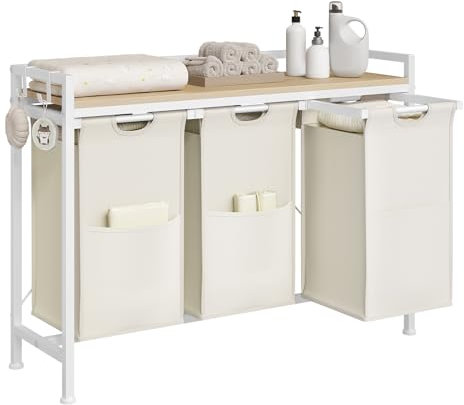 WOLTU Wäschekorb 3 Fächer, jedes 40 L, Wäschesammler mit Ablage Metallrahmen, Oxford-Stoff-Wäschesack ausziehbar abnehmbar, Wäschesortierer Wäschebehälter weiß