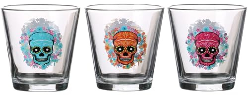 Lot de 3 Verres 25,5cl en Verre Transparent – Motif Tête de Mort Mexicaine Colorée – Design Festif et Original – Idéal pour Cocktails et Décoration de Table