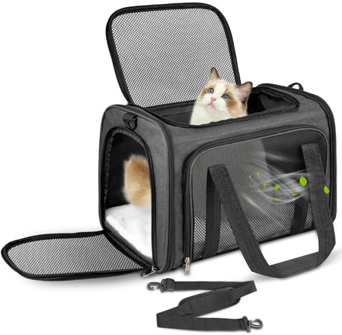 Lohofrnny Transporttasche Katze, Transporttasche für Katze Hund bis zu 8kg, Tragbar Faltbare Haustier Tragetaschen mit Schultergurt für Mittel Kleine Haustiere (Dunkelgrau, 50 x 34 x 34cm)