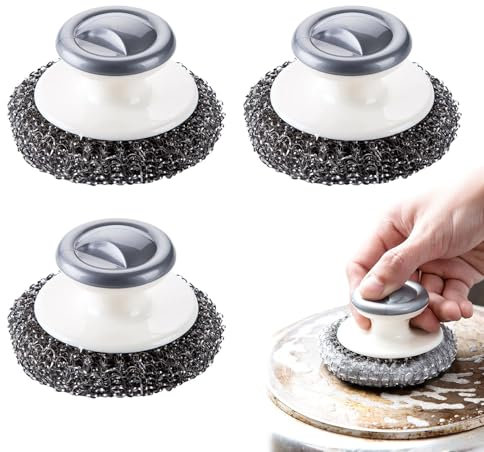 Metal Scourer 3-Pack – Heavy Duty Scourer with Handle, Stainless Steel Scrubber Brush for Kitchen, Pots, Pans, Grills & Sink Cleaning, Durable Wire Scourers for Dishes, Cookware & Household Use