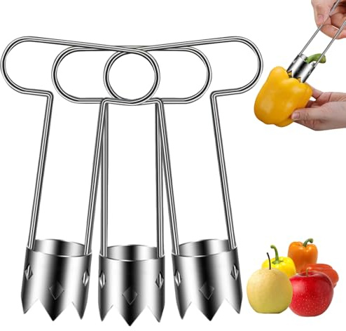 3 Stück Paprika Entkerner mit T Handgriff, 2025 Verbesserter Edelstahl Chili Entferner Pfeffer Gemüseschnitzer, Fruchtentkerner, Apfelausstecher, Ausstecher für Rote Paprika, Küchenhilfswerkzeuge