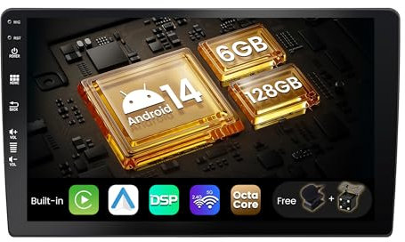 SXAUTO - 6G+128G, Octa-Core - Android 14 IPS Car Stereo Sat Nav - Wireless CarPlay/Android Auto - LED Camera + MIC - 10.1 Inch 2 Din - DAB Steering Wheel Fast-boot 360-CAM Sat Nav Dual Band WIFI DSP