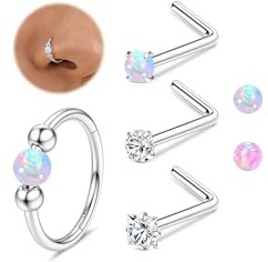 MILACOLATO 4Pcs Nose Ring Hoop Stud Set Hypoallergenic Surgical Steel Opal Spetum Ring Sliver L-Shaped Nose Stud Gold for Women 18G Septum Piercing Jewellery Helix Nostril Conch Hoop Piercing 10MM-SB