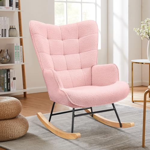 HULUWA Moderner Schaukelstuhl Relaxstuhl Sessel Stuhl,Lounge-Sessel mit hoher Rückenlehn,bis 136 kg belastbar Rosa Lounge Chair fürs Wohnzimmer Schlafzimmer Balkon(Rosa)