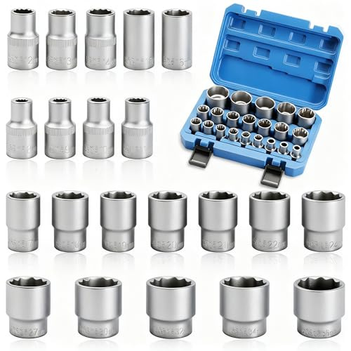 FIFIBANG 21tlg Vielzahn Nuss Satz, 1/2 Steckschlüssel Einsatz Satz Zwölfkant, 8-36mm Steckschlüssel Nusskasten, Socket Spanner Set aus CR-V Steel, Außenvielzahn Stecknuss(Matt)
