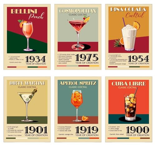 Yoljun 6PCS Retro Cocktail Deko Bilder Küche, Farbige Leinwanddrucke Poster & Kunstdrucke, Bar Deko Wandposter, Stilvolle Cocktail Zubehör Wanddeko für Küche Wohnzimmer Bar, ohne Rahmen 30x21cm