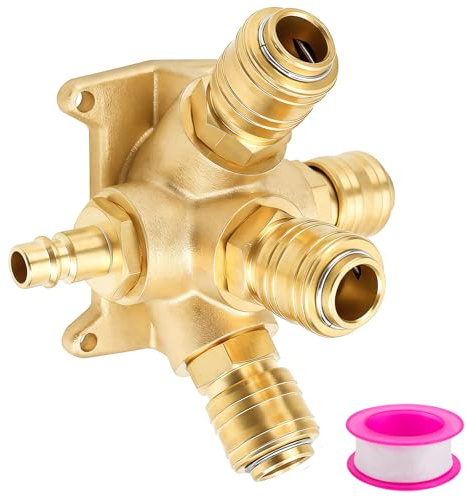 Druckluftverteiler Wanddose Druckluft Verteiler Wandmontage Druckluft Wandanschluss Druckluftweiche aus Messing mit 4 x 1/2 Schnellkupplung und 1 x 1/2 Stecknippel NW 7.2
