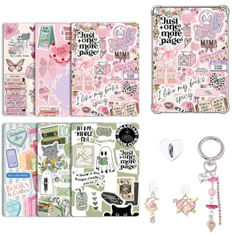 Set d’Accessoires Décoratifs pour Kindle Paperwhite 11e/12e Génération, 6 Cartes Papier Déco, 2 Bouchons Anti-Poussière USB-C avec Charms, Porte-Clés Pendentif Rose pour Liseuse Kindle, Cadeau Lecture
